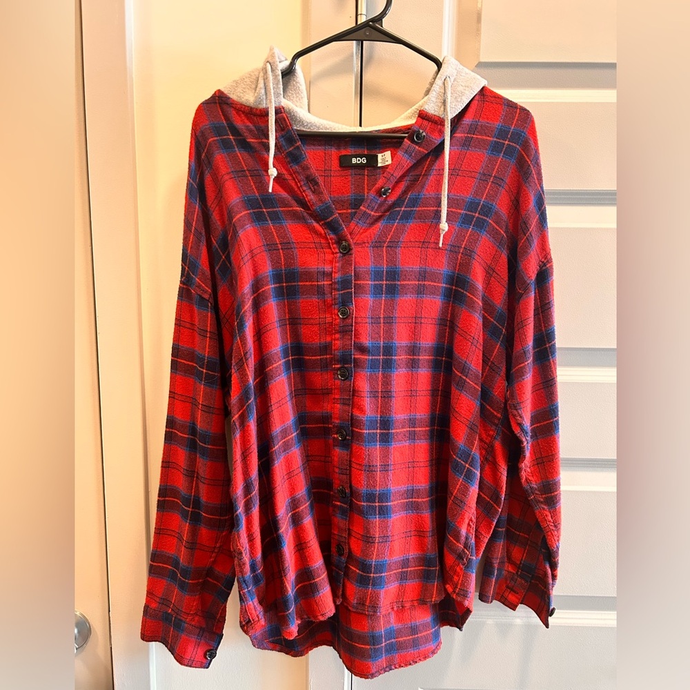 BDG Red and Navy Plaid Hooded Flannel Shirt